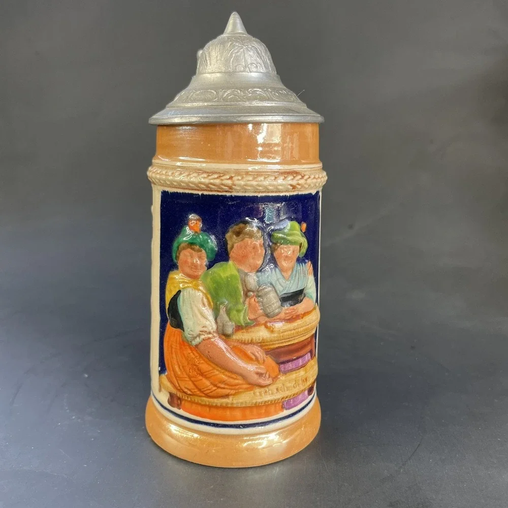 Small Vintage German Lidded Mini Beer‎ Stein Tavern Scene Floral